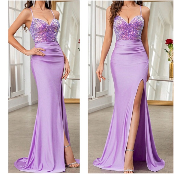 Luxe Sequin Satin Criss Cross Lace up Prom Formal Party Dress - Picture 9 of 9